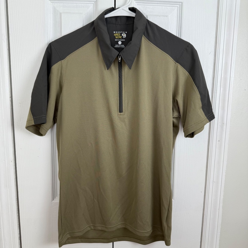 Mountain Hardwear Zip Polo Shirt‎ Mens Small Green Gray Hiking Outdoor Tech